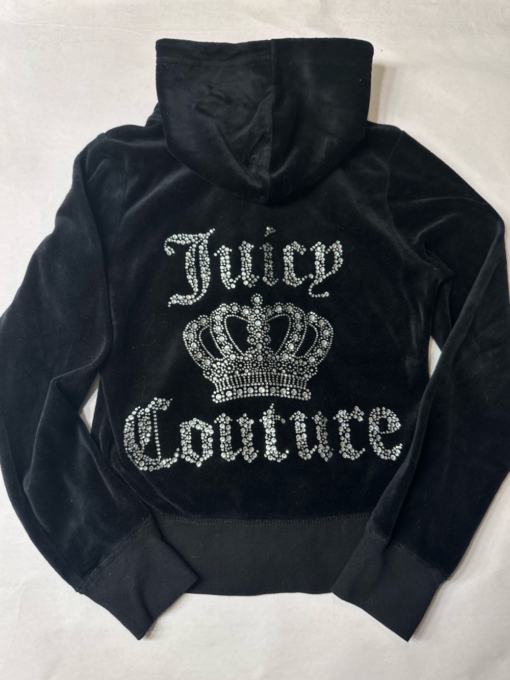 Vintage Juicy Couture Black Velour Crown Rhinestone Zip Up Hoodie XS 2010s